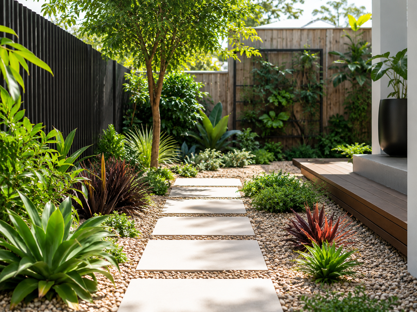 Low-maintenance garden with hardy plants, mulch and defined edges